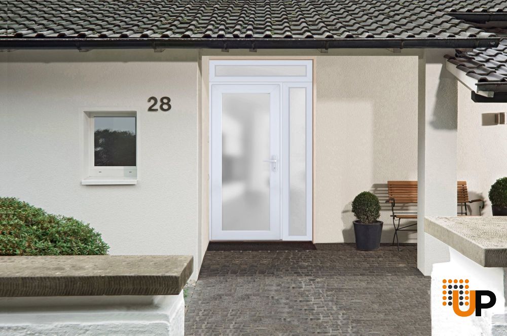 Front Exterior Prehung FiberGlass Door Frosted Glass / Manux 8102 White Silk / Sidelight and Transom Window / Office Commercial and Residential Doors Entrance Patio Garage-W30+14" x H80+14"-Left-hand Inswing photo#5
