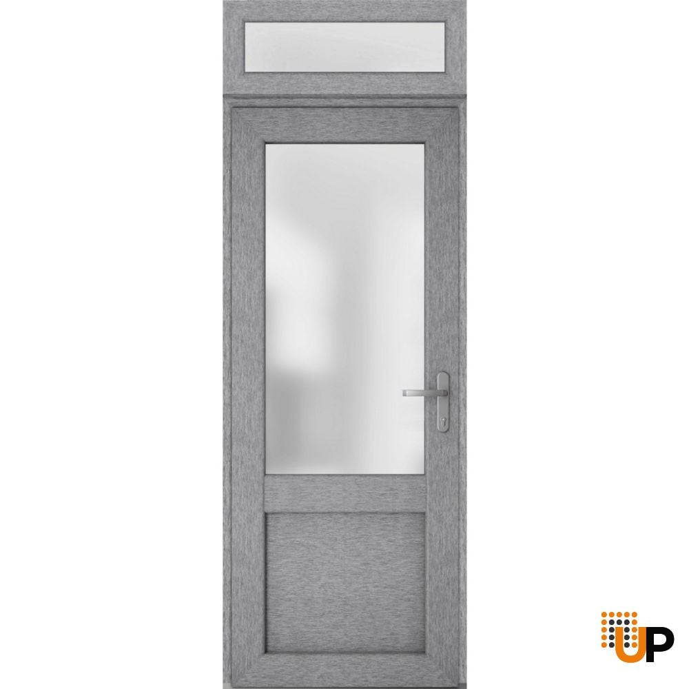 Front Exterior Prehung FiberGlass Door Frosted Glass / Manux 8422 Grey Ash / Transom Window / Office Commercial and Residential Doors Entrance Patio Garage-W36" x H80+14"-Left-hand Inswing photo#1
