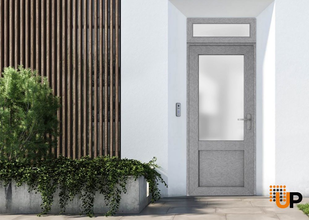 Front Exterior Prehung FiberGlass Door Frosted Glass / Manux 8422 Grey Ash / Transom Window / Office Commercial and Residential Doors Entrance Patio Garage-W36" x H80+14"-Left-hand Inswing photo#2