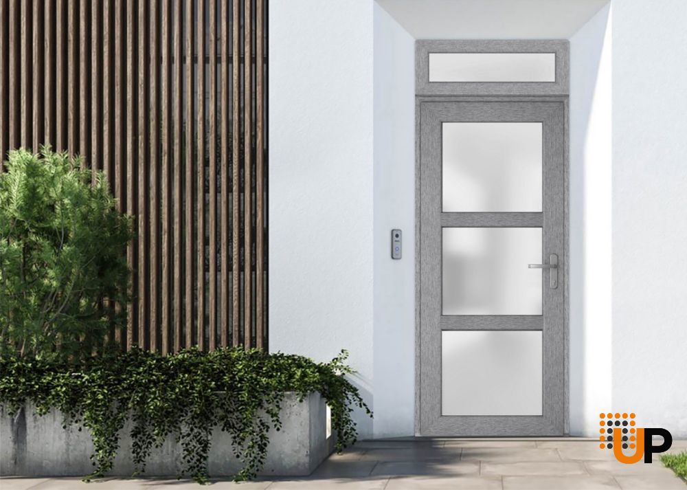 Front Exterior Prehung FiberGlass Door Frosted Glass / Manux 8552 Grey Ash / Transom Window / Office Commercial and Residential Doors Entrance Patio Garage-W36" x H80+14"-Left-hand Inswing photo#2