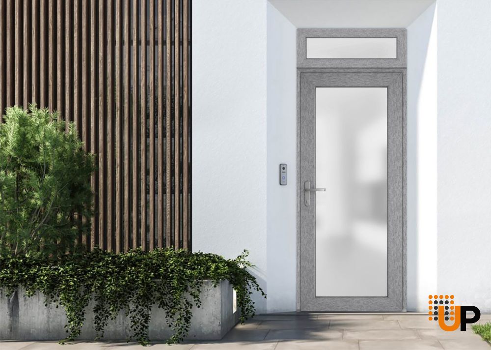 Front Exterior Prehung FiberGlass Door Frosted Glass / Manux 8102 Grey Ash / Transom Window / Office Commercial and Residential Doors Entrance Patio Garage-W36" x H80+14"-Right-hand Inswing photo#3