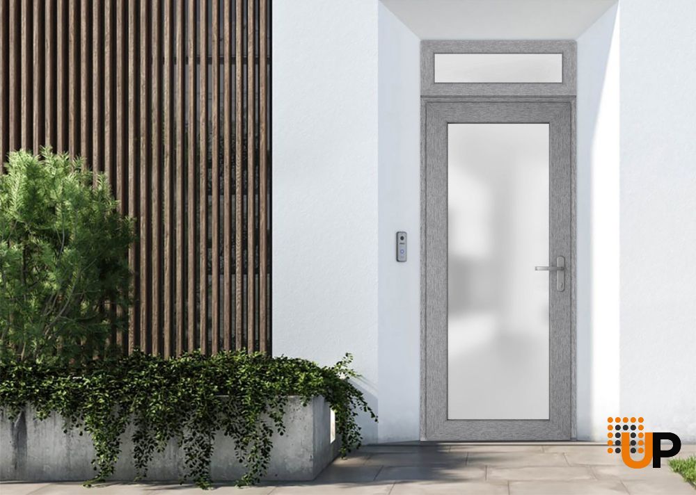 Front Exterior Prehung FiberGlass Door Frosted Glass / Manux 8102 Grey Ash / Transom Window / Office Commercial and Residential Doors Entrance Patio Garage-W36" x H80+14"-Left-hand Inswing photo#3