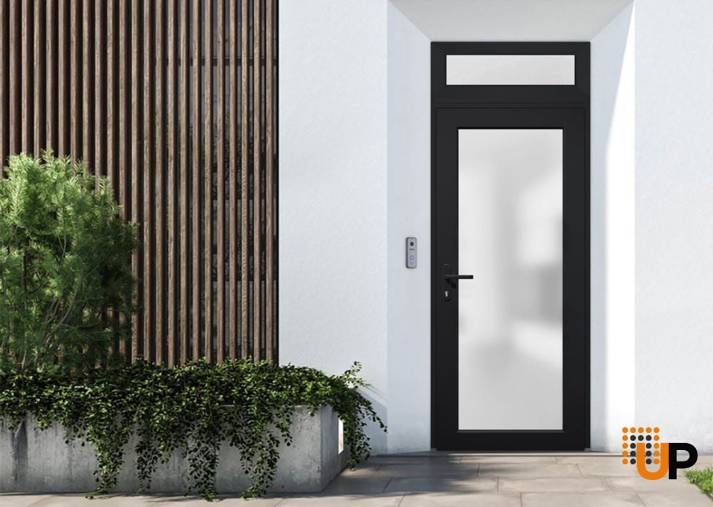 Front Exterior Prehung FiberGlass Door Frosted Glass / Manux 8102 Matte Black / Transom Window / Office Commercial and Residential Doors Entrance Patio Garage-W30" x H80+14"-Right-hand Inswing photo#3
