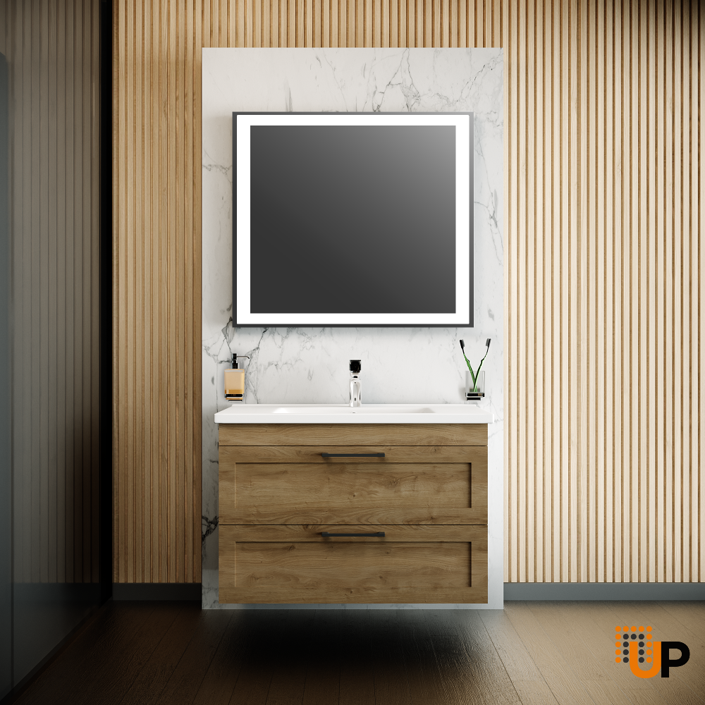 Modern Wall-Mounted Bathroom Vanity with Washbasin | Palm Beach Teak Natural Collection | Non-Toxic Fire-Resistant MDF-34" photo#2