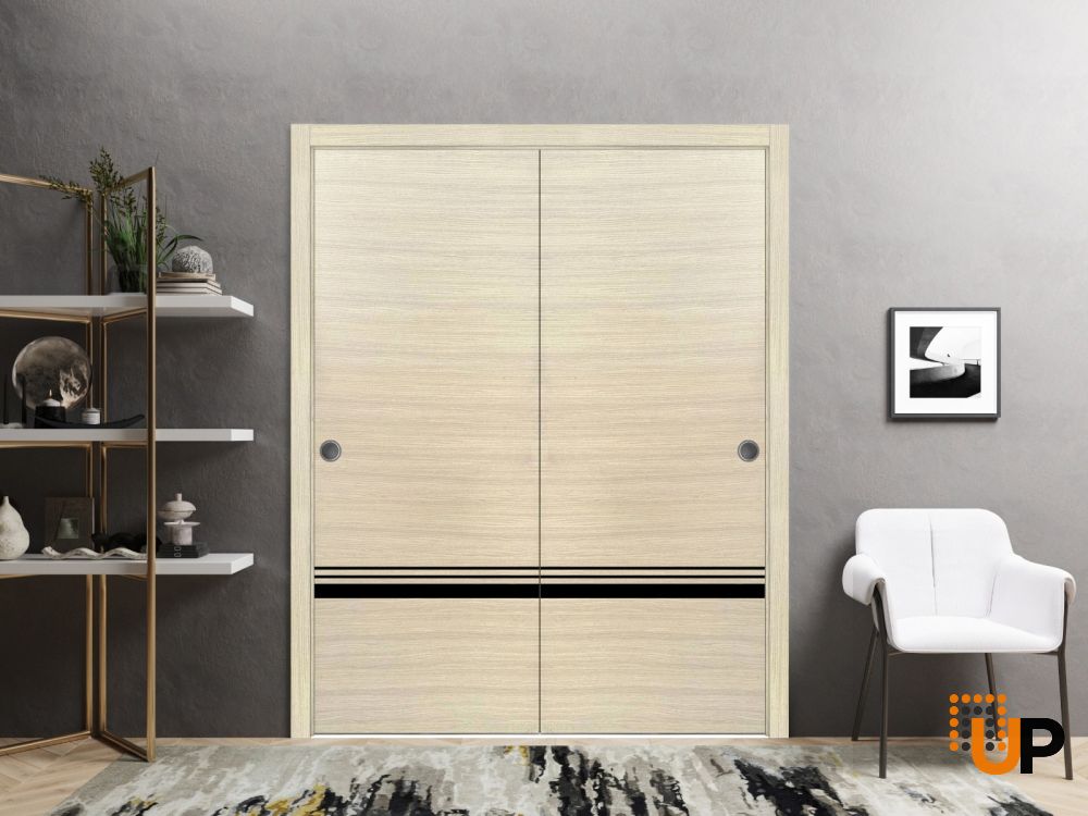 Sliding Closet Bypass Doors | Planum 0012 Natural Veneer and Aluminum Strips | Sturdy Rails Moldings Trims Hardware Set | Wood Solid Bedroom Wardrobe Doors-84" x 96" (2* 42x96) photo#2