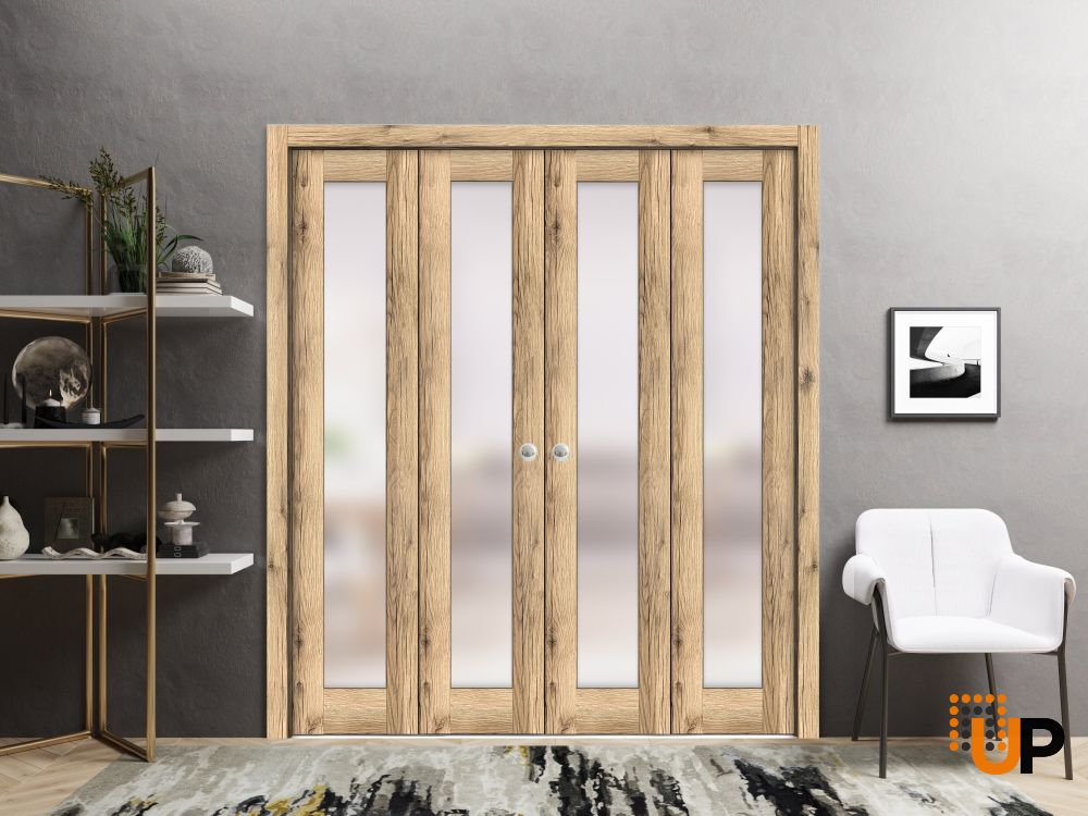 Sliding Closet Double Bi-fold Doors | Planum 2102 Oak with Frosted Glass | Sturdy Tracks Moldings Trims Hardware Set | Wood Solid Bedroom Wardrobe Doors  photo#2