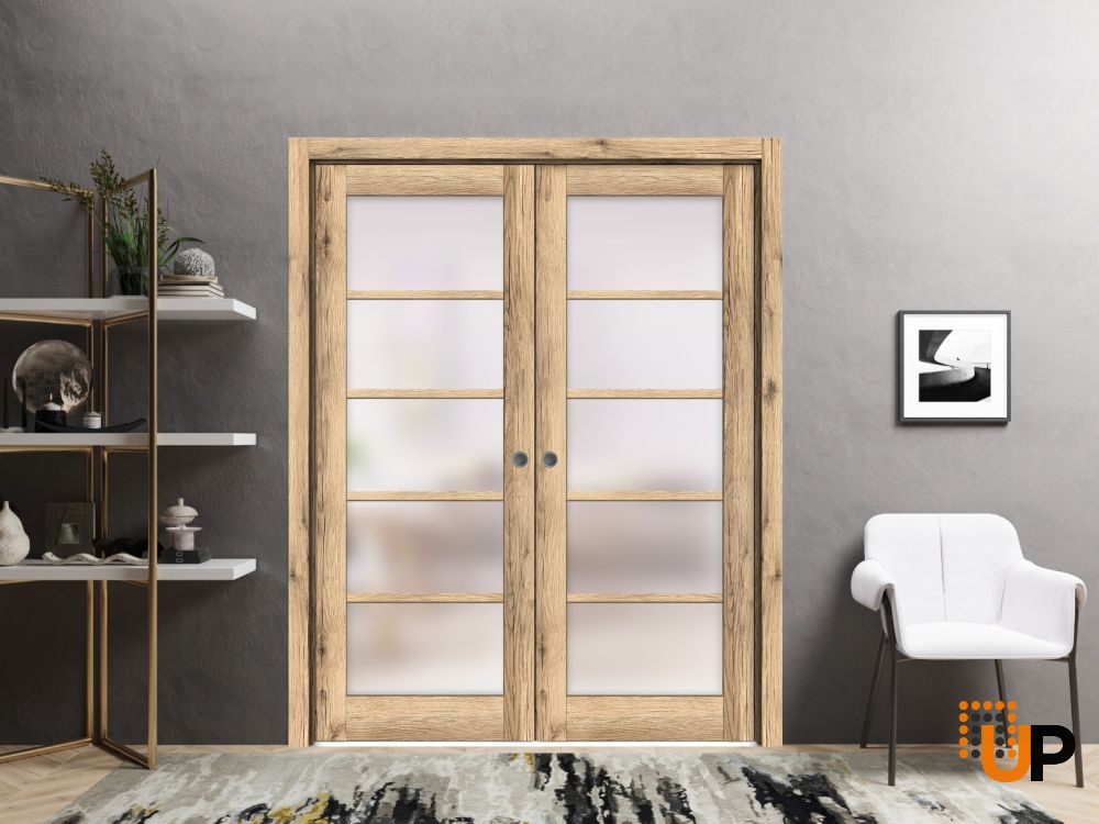 Sliding French Double Pocket Doors Frosted Glass | Quadro 4002 Oak | Kit Trims Rail Hardware | Solid Wood Interior Bedroom Sturdy Doors-84" x 84" (2* 42x84) photo#3