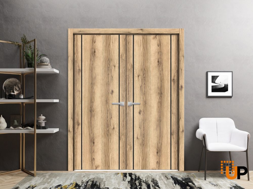 Slab Barn Door Panel | Planum 0017 Oak and Aluminum Strips | Sturdy Finished Flush Modern Doors | Pocket Closet Sliding-18" x 80" photo#3
