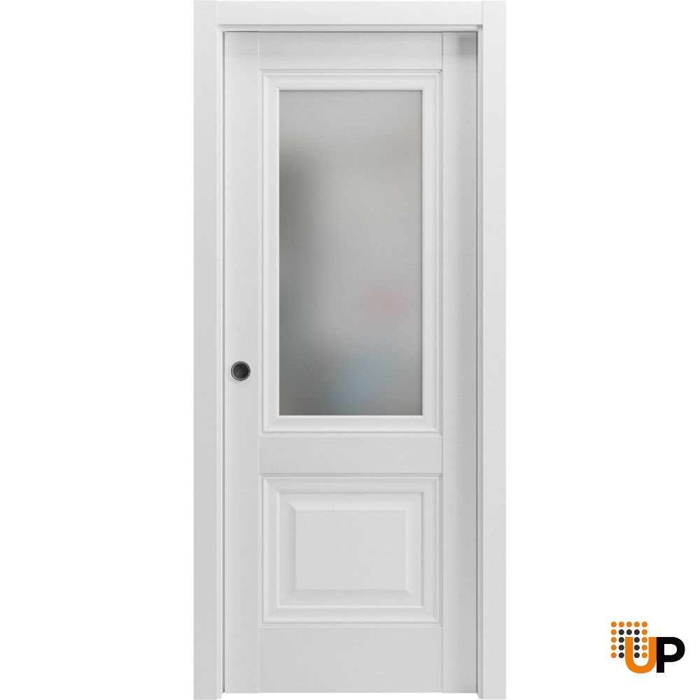 Sliding French Pocket Door with | Lucia 8822 White Silk with Frosted Glass | Kit Trims Rail Hardware | Solid Wood Interior Bedroom Sturdy Doors photo#1