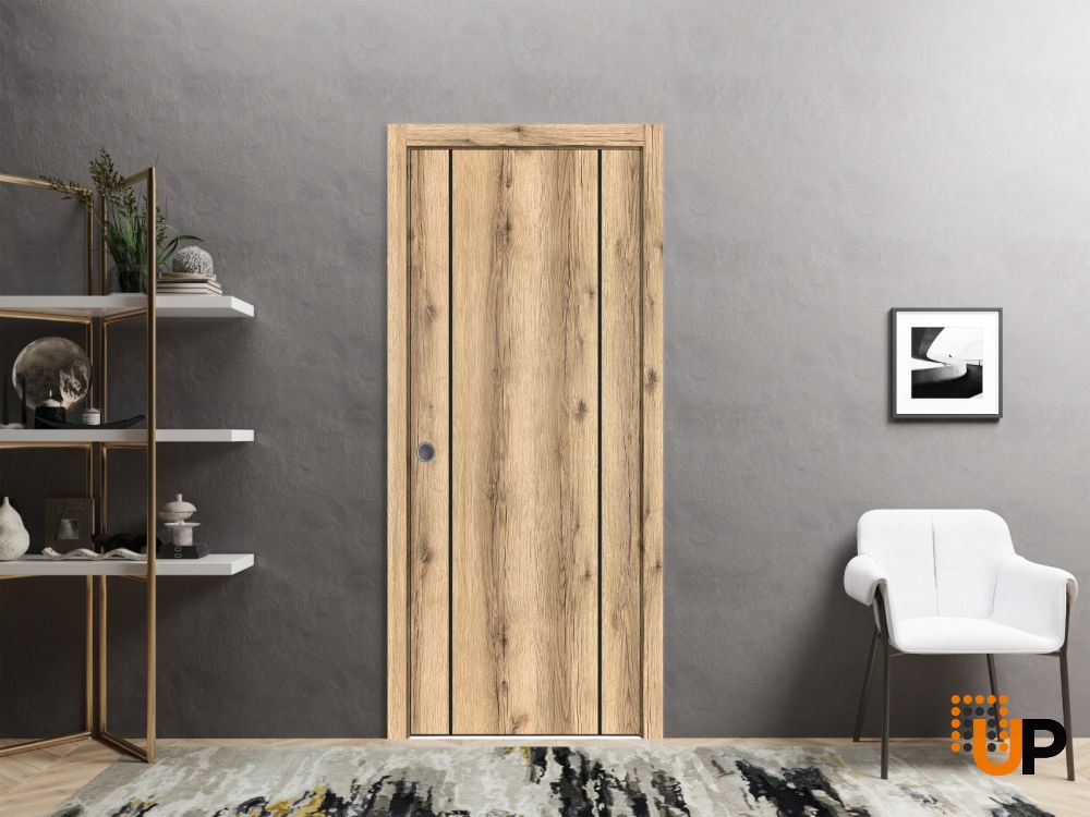 Slab Barn Door Panel | Planum 0017 Oak and Aluminum Strips | Sturdy Finished Flush Modern Doors | Pocket Closet Sliding-18" x 80" photo#4