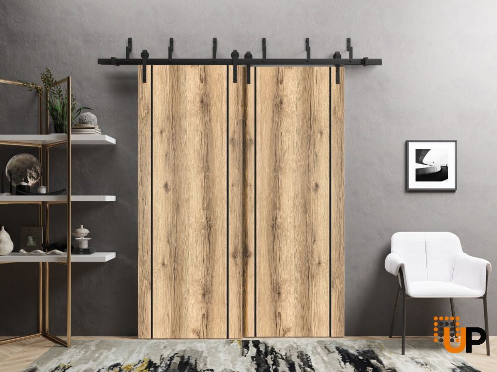 Slab Barn Door Panel | Planum 0017 Oak and Aluminum Strips | Sturdy Finished Flush Modern Doors | Pocket Closet Sliding-18" x 80" photo#2