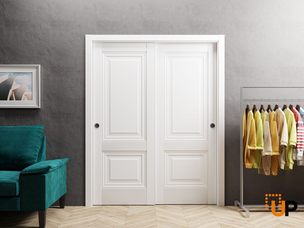 Sliding Closet Bypass Doors | Lucia 8831 White Silk | Sturdy Rails Moldings Trims Hardware Set | Wood Solid Bedroom Wardrobe Doors  photo#2