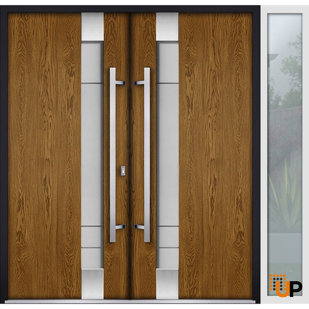 Front Exterior Prehung Steel Double Doors / Deux 1713 Natural Oak / White Sidelight Exterior Window / Stainless Inserts Double Modern Painted-Left Hand-W72+12" x H80" photo#1