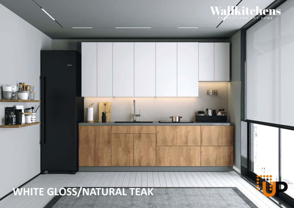 Kitchen Contemporary Collection Natural Teak & White Gloss Color Base Size 9.5Ft Wide photo#2