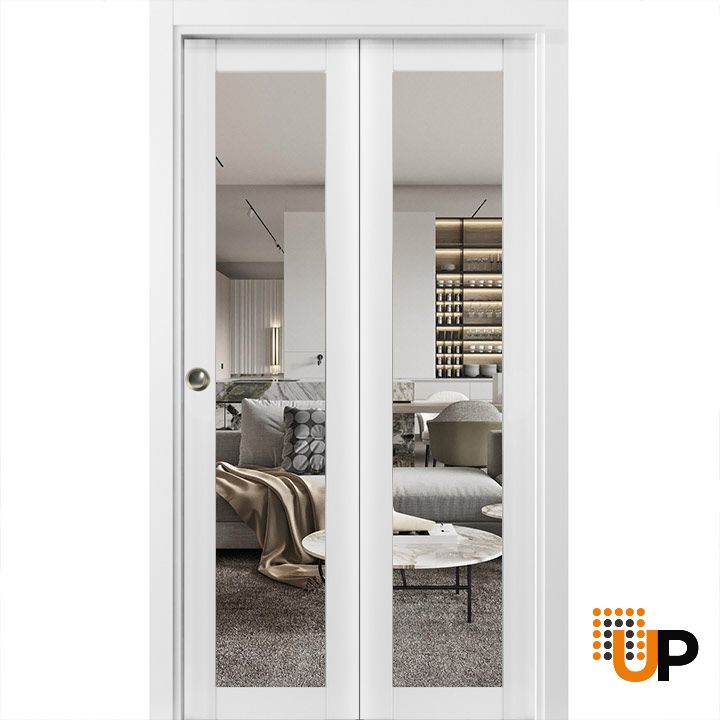 Sliding Closet Bi-fold Doors | Lucia 2166 White Silk with Clear Glass | Sturdy Tracks Moldings Trims Hardware Set | Wood Solid Bedroom Wardrobe Doors -64" x 84" (2* 32x84) photo#1