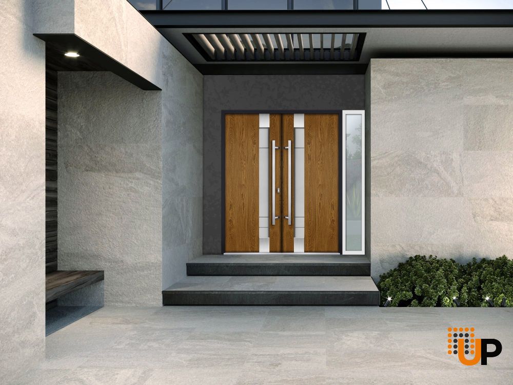 Front Exterior Prehung Steel Double Doors / Deux 1713 Natural Oak / White Sidelight Exterior Window / Stainless Inserts Double Modern Painted-Right Hand-W72+12" x H80" photo#8