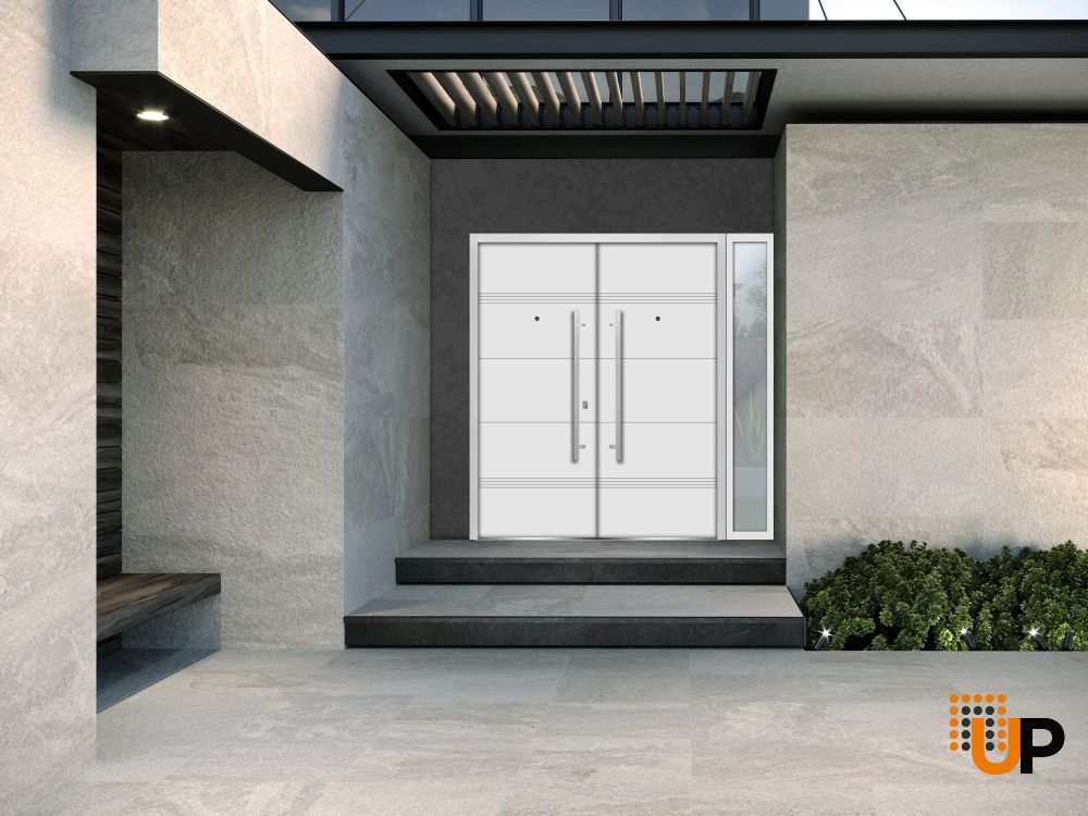 Front Exterior Prehung Steel Double Doors / Deux 1705 White Enamel / Sidelight Exterior Black Window / Stainless Inserts Single Modern Painted-W72+14" x H80" photo#5