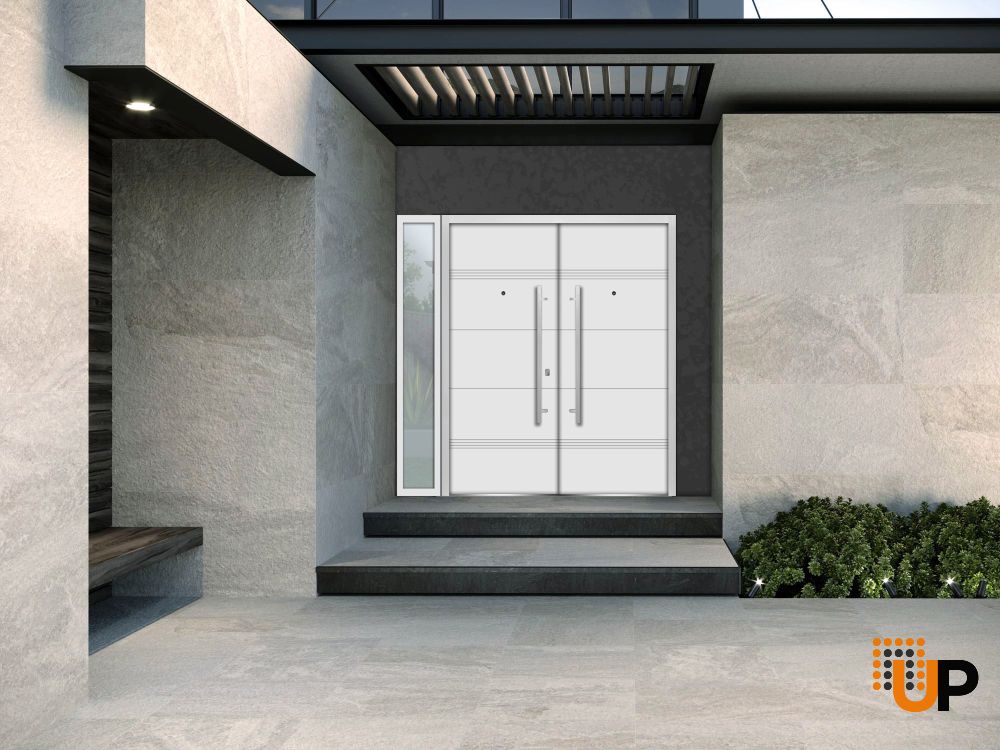 Front Exterior Prehung Steel Double Doors / Deux 1705 White Enamel / Sidelight Exterior Black Window / Stainless Inserts Single Modern Painted-W72+14" x H80" photo#6