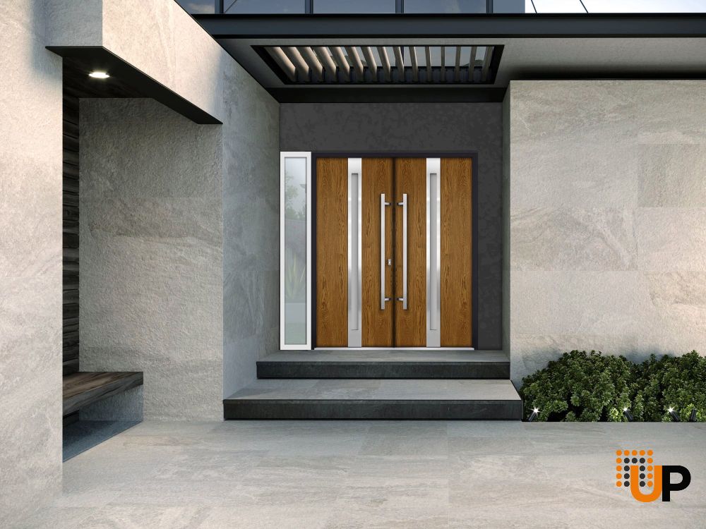 Front Exterior Prehung Steel Double Doors / Deux 1713 Natural Oak / White Sidelight Exterior Window / Stainless Inserts Double Modern Painted-Left Hand-W72+12" x H80" photo#4