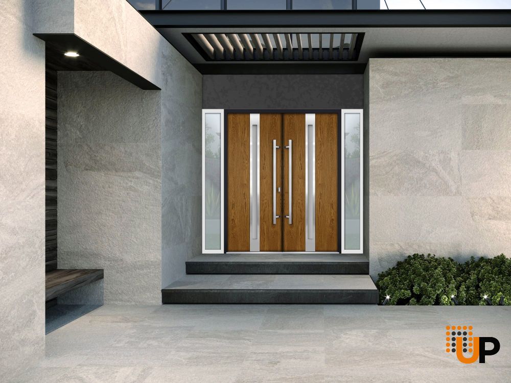 Front Exterior Prehung Steel Double Doors / Deux 1713 Natural Oak / 2 White Sidelight Exterior Windows / Stainless Inserts Double Modern Painted-Left Hand-W12+72+12" x H80" photo#2