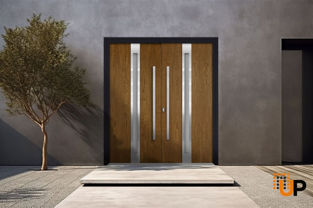 Front Exterior Prehung Steel Double Doors / Deux 1744 Natural Oak / Entry Modern Painted Right Inswing Active Door 72" x 80" photo#3