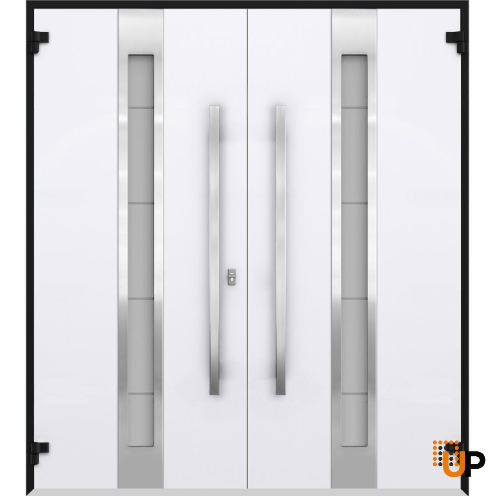 Front Exterior Prehung Steel Double Doors / Deux 1744 Natural Oak / Entry Modern Painted Right Inswing Active Door 72" x 80" photo#2