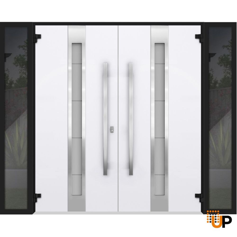 Front Exterior Prehung Steel Double Doors / Deux 1744 Natural Oak / 2 Sidelight Exterior Black Windows / Stainless Inserts Single Modern Painted-W12+72+12" x H80" photo#2