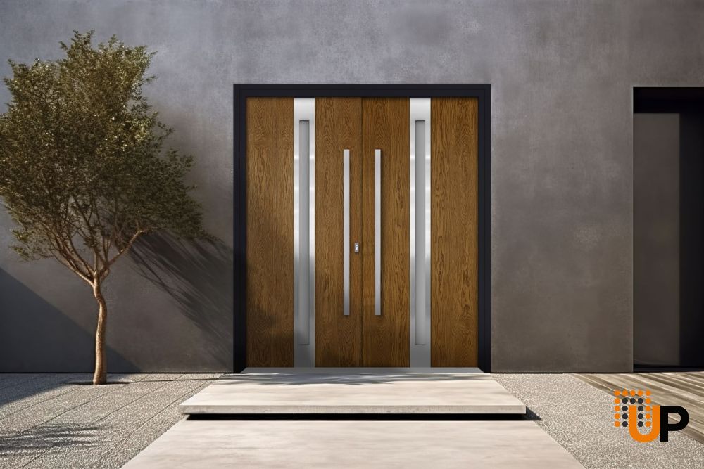 Front Exterior Prehung Steel Double Doors / Deux 1744 Natural Oak / 2 Sidelight Exterior Black Windows / Stainless Inserts Single Modern Painted-W14+72+14" x H80" photo#3