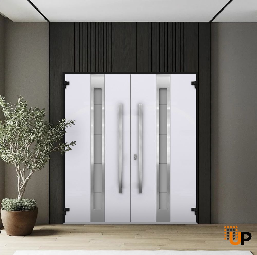Front Exterior Prehung Steel Double Doors / Deux 1744 Natural Oak / 2 Sidelight Exterior Black Windows / Stainless Inserts Single Modern Painted-W14+72+14" x H80" photo#4