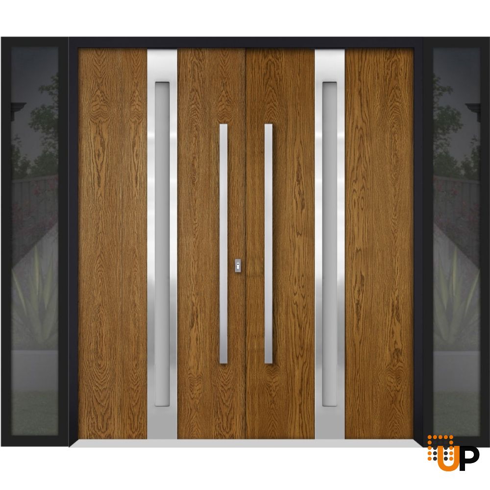 Front Exterior Prehung Steel Double Doors / Deux 1744 Natural Oak / 2 Sidelight Exterior Black Windows / Stainless Inserts Single Modern Painted-W14+72+14" x H80" photo#1