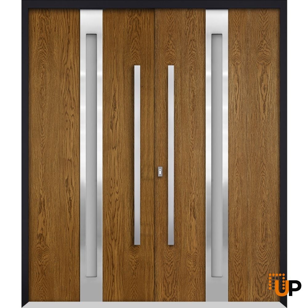 Front Exterior Prehung Steel Double Doors / Deux 1744 Natural Oak / Entry Modern Painted Right Inswing Active Door 72" x 80" photo#1