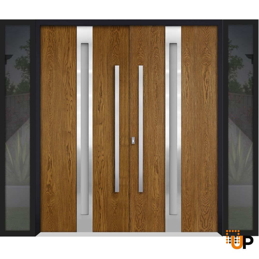 Front Exterior Prehung Steel Double Doors / Deux 1744 Natural Oak / 2 Sidelight Exterior Black Windows / Stainless Inserts Single Modern Painted-W12+72+12" x H80" photo#1