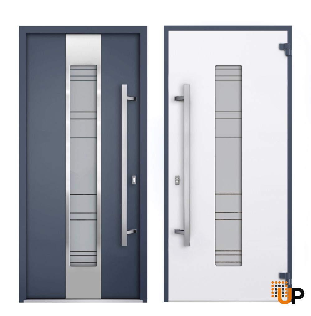 Front Exterior Prehung Steel Door / Deux 0757 Gray Graphite / 2 Sidelight and Transom Window / Stainless Inserts Single Modern Painted-W16+36+16" x H80+16"-Left-hand Inswing photo#4
