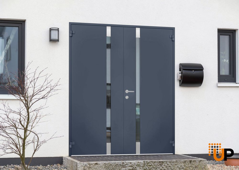 Front Exterior Prehung Steel Double Doors / Cynex 6777 Grey / Stainless Inserts Single Modern Painted-W72" x H80"-Right-hand Outswing photo#2