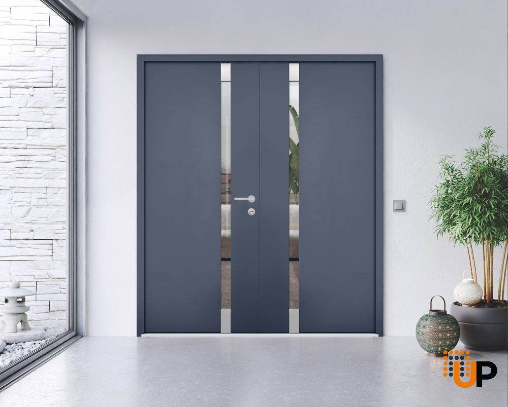 Front Exterior Prehung Steel Double Doors / Cynex 6777 Grey / Stainless Inserts Single Modern Painted-W72" x H80"-Right-hand Outswing photo#3