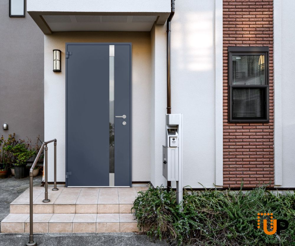 Front Exterior Prehung Steel Door / Cynex 6777 Grey / Stainless Inserts Single Modern Painted-W36" x H80"-Left-hand Outswing photo#2