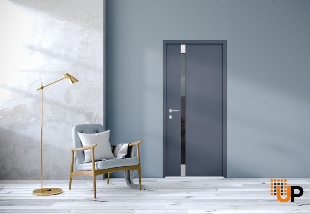 Front Exterior Prehung Steel Door / Cynex 6777 Grey / Stainless Inserts Single Modern Painted-W36" x H80"-Left-hand Outswing photo#3