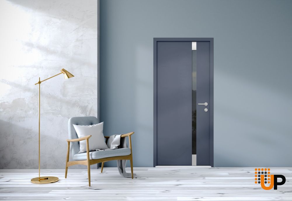Front Exterior Prehung Steel Door / Cynex 6777 Grey / Stainless Inserts Single Modern Painted-W36" x H80"-Right-hand Outswing photo#3
