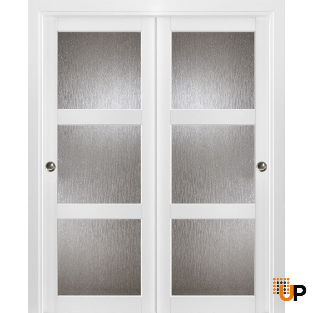 Sliding Closet Bypass Doors | Lucia 2588 White Silk with Rain Glass | Sturdy Rails Moldings Trims Hardware Set | Wood Solid Bedroom Wardrobe Doors -36" x 84" (2* 18x84)-Rain Glass photo#1