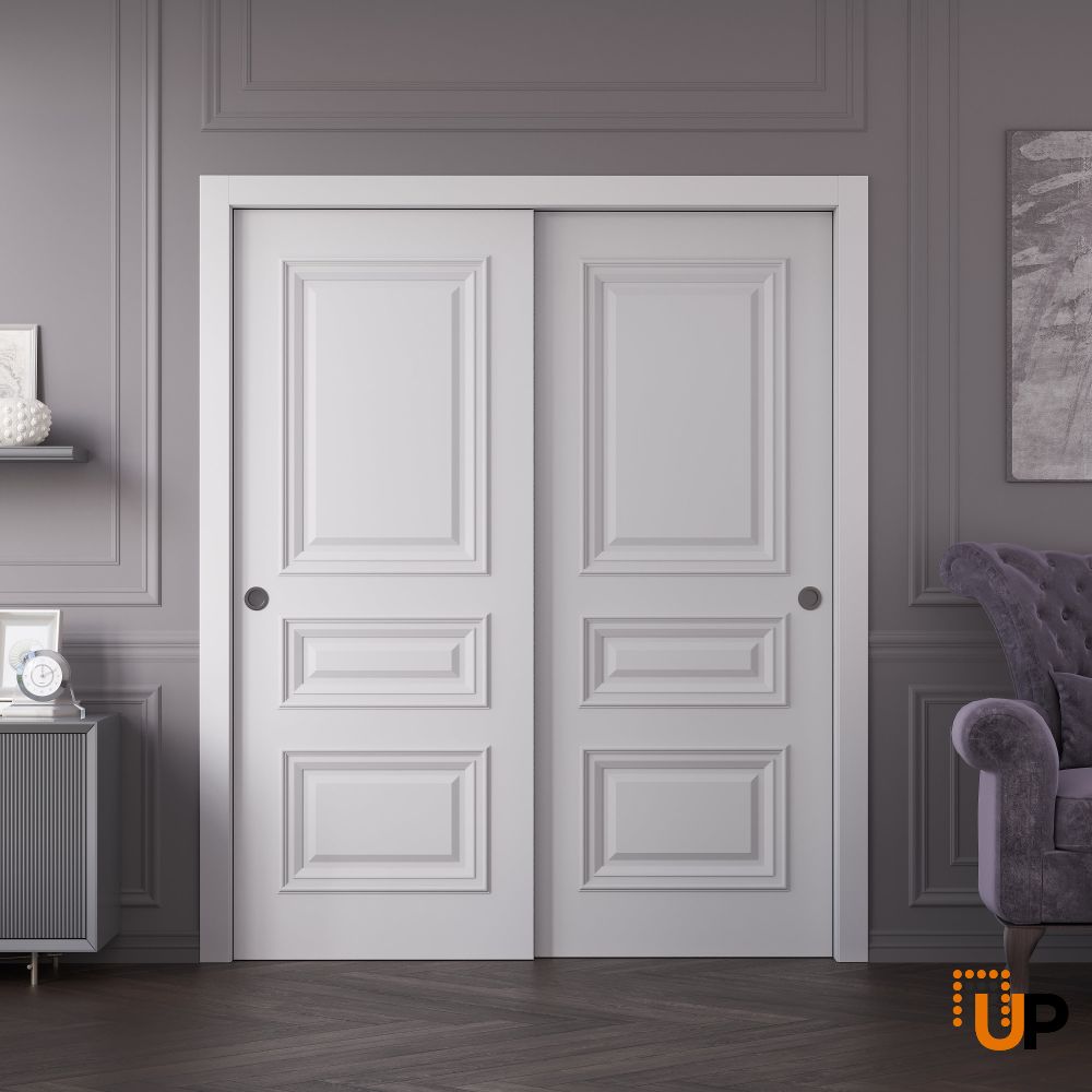 Sliding Closet Bypass Doors 36 x 80 inches | ROYAL 9833 White Enamel | Rails Hardware Set | Wood Solid Bedroom Wardrobe Doors photo#2