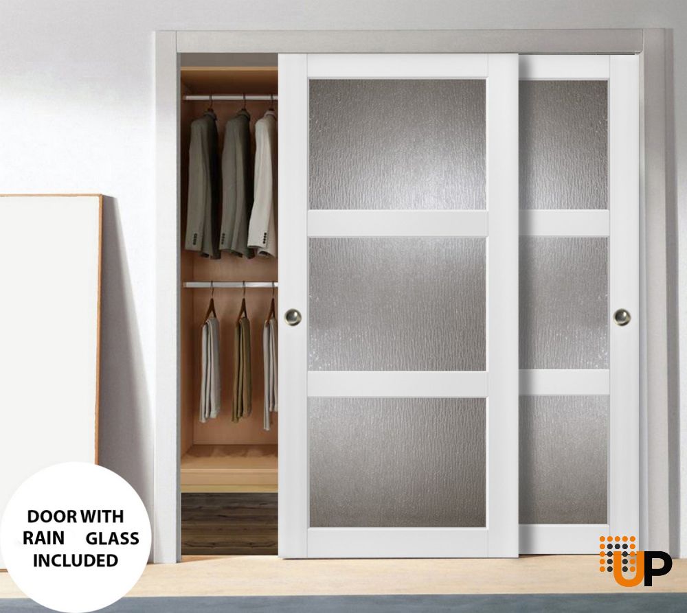 Sliding Closet Bypass Doors | Lucia 2588 White Silk with Rain Glass | Sturdy Rails Moldings Trims Hardware Set | Wood Solid Bedroom Wardrobe Doors -36" x 84" (2* 18x84)-Rain Glass photo#2