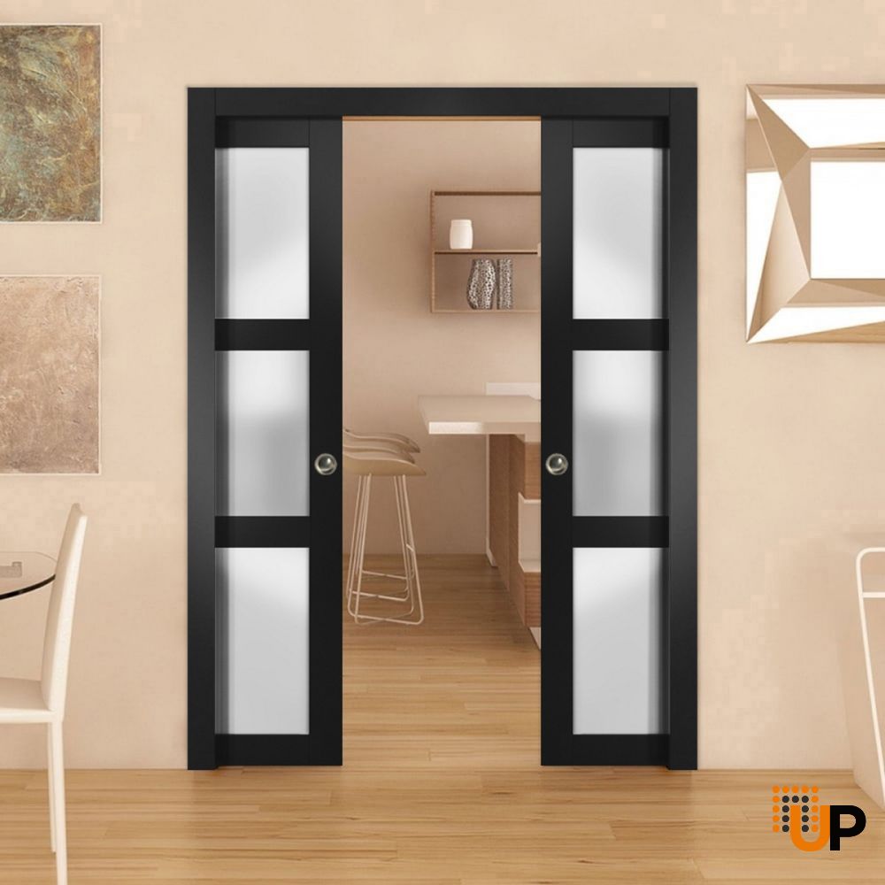 Sliding French Double Pocket Doors | Lucia 2552 Matte Black with Frosted Glass | Kit Trims Rail Hardware | Solid Wood Interior Bedroom Sturdy Doors photo#2