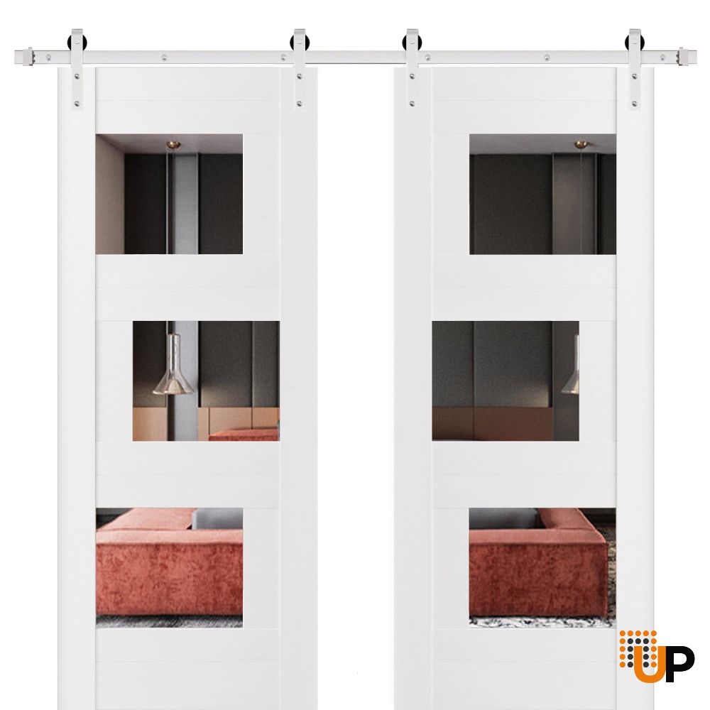 Modern Double Barn Door / Sete 6999 White Silk with Mirror / 13FT Rail Track Set / Solid Panel Interior Doors-60" x 96" (2* 30x96) photo#1