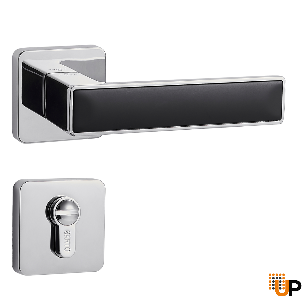 Door Euro Handle TURIN for Magnetic Lock, Chrome and Black Leather, Privacy photo#1