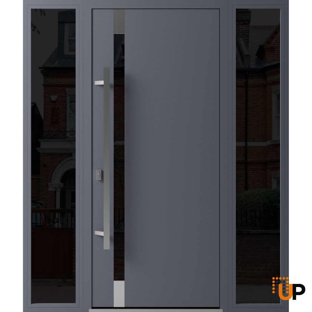 Front Exterior Prehung Steel Door / Ronex 1011 Grey / 2 Sidelight Exterior Windows Sidelites/ Stainless Inserts Entry Metal Modern Painted W16+36+16" x H80" Right hand Inswing photo#1