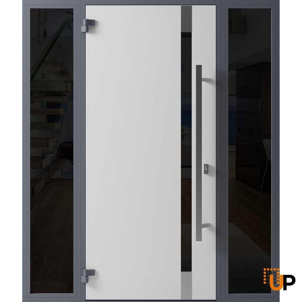 Front Exterior Prehung Steel Door / Ronex 1011 Grey / 2 Sidelight Exterior Windows Sidelites/ Stainless Inserts Entry Metal Modern Painted W16+36+16" x H80" Right hand Inswing photo#2