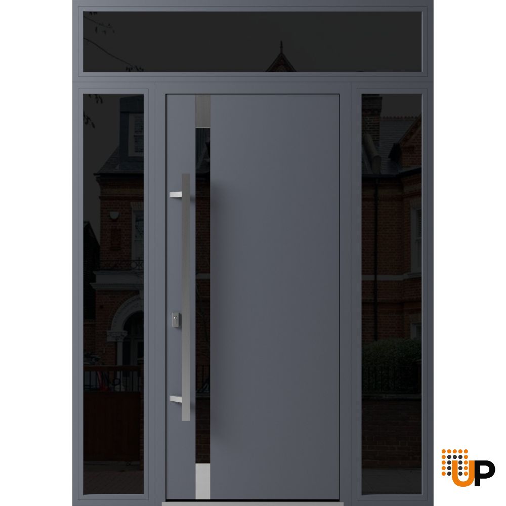 Front Exterior Prehung Steel Door / Ronex 1011 Grey / 2 Sidelight and Transom Window Sidelite / Stainless Inserts Entry Metal Modern Painted W16+36+16" x H80+16" Right hand Inswing photo#1