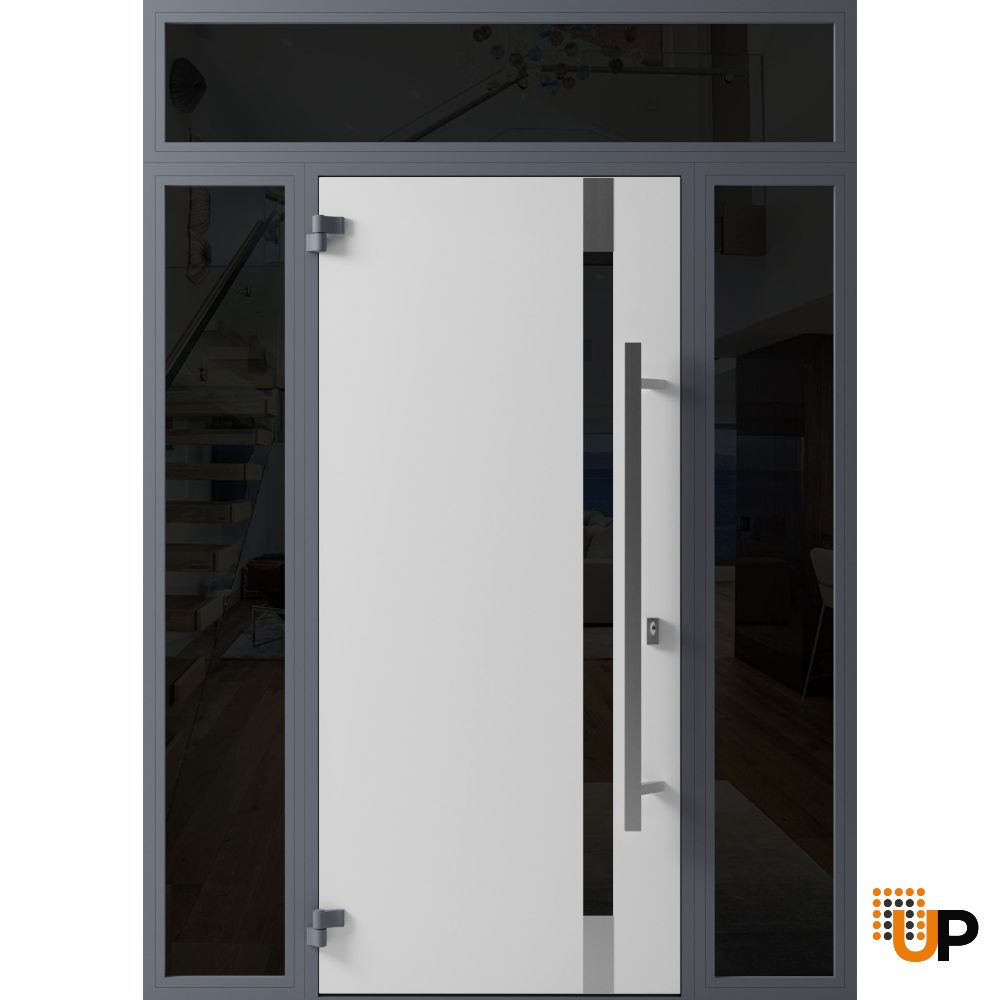 Front Exterior Prehung Steel Door / Ronex 1011 Grey / 2 Sidelight and Transom Window Sidelite / Stainless Inserts Entry Metal Modern Painted W16+36+16" x H80+16" Right hand Inswing photo#2