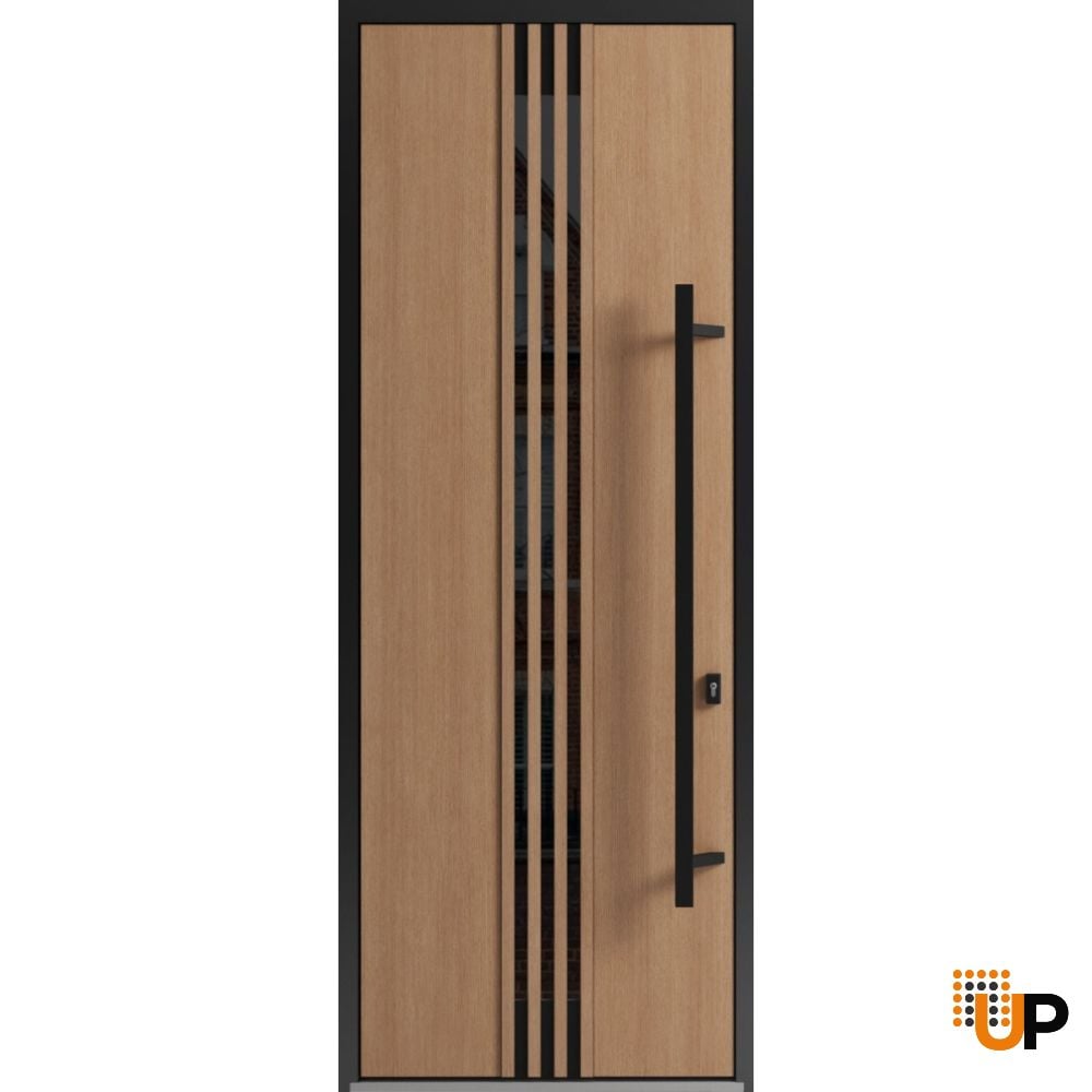 Front Exterior Prehung Steel Door / Ronex 1055 Teak 96" / Entry Metal Modern Painted W36" x H96" Left hand Inswing photo#1