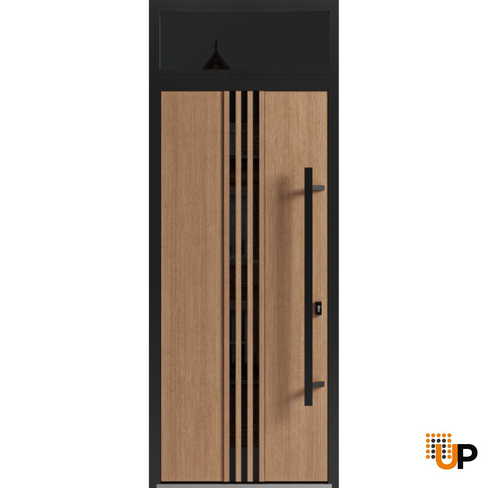 Front Exterior Prehung Steel Door / Ronex 1055 Teak 96" / Transom Window Sidelite / Entry Metal Modern Painted W36" x H96+16" Left hand Inswing photo#1